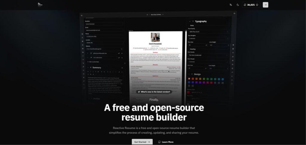 Reactive Resume: Open Source Resume Builder Reactive Resume homepage